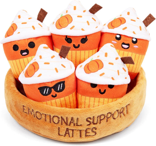 Relatable Emotional Support Lattes - Soft Fall Plushies for All Ages | Perfect Back to School Gifts, 5-Piece Set with Basket