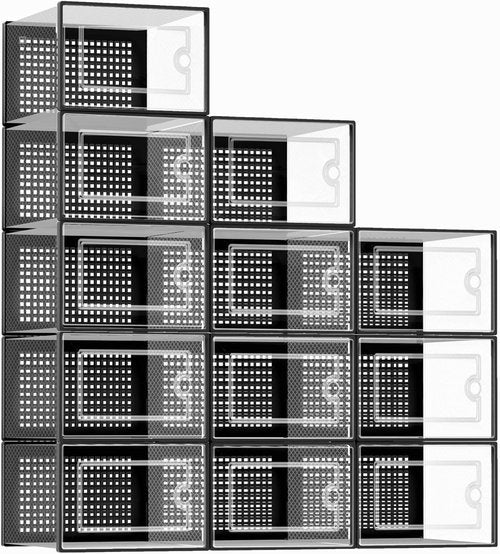 Kuject X-Large Clear Plastic Shoe Storage Boxes - Stackable 12 Pack for Sneakers & Toys | Black