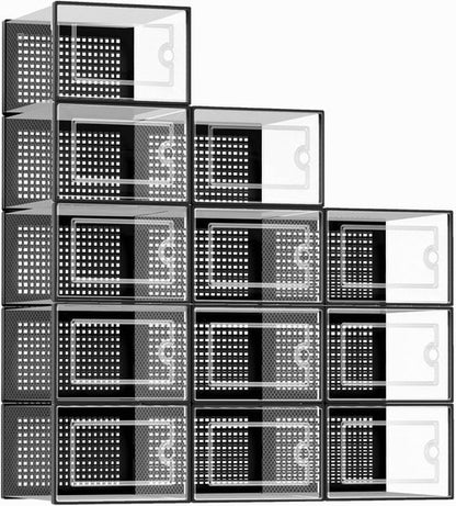 Kuject X-Large Clear Plastic Shoe Storage Boxes - Stackable 12 Pack for Sneakers & Toys | Black