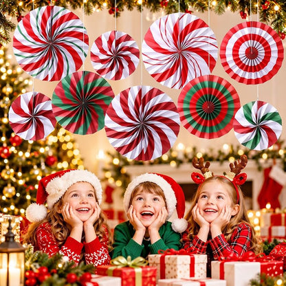 Peppermint Candy Cane Christmas Paper Fans 9-Pack - 8/12/16 Inch Hanging Decorations