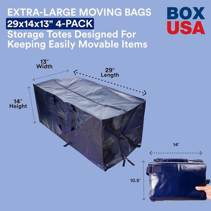 BOX USA Moving Bags - Heavy Duty 4-Pack with Strong Handles & Zippers | Extra Large Storage for College & Moving - Blue