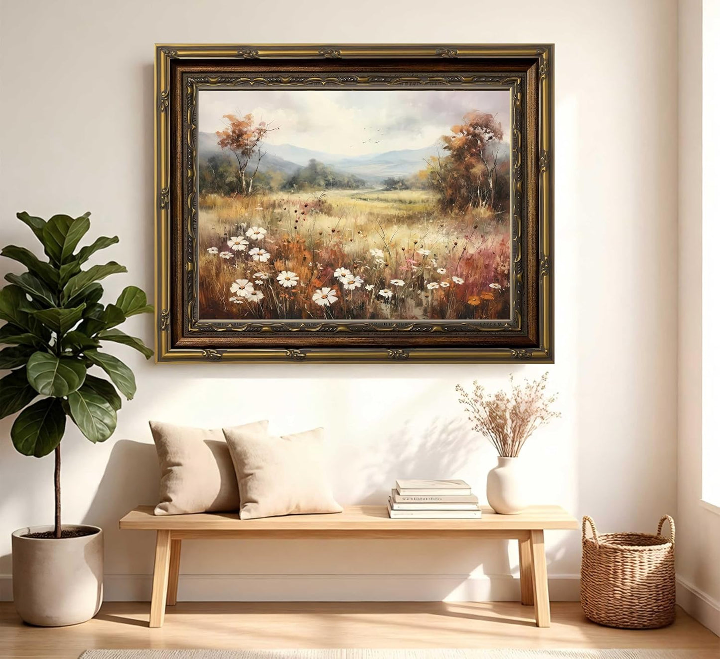 Vintage Gold Framed Wall Art - Retro Floral Landscape Canvas Print for Living Room & Bedroom | 9x11 Inch