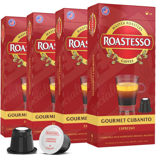 Roastesso Coffee, Gourmet Cubanito, Nespresso Compatible Capsules for OriginalLine Machines, Dark Roast Espresso Ristretto Pods, Intensity 9, Single Serve Cafecito De Cuba (40 Count)