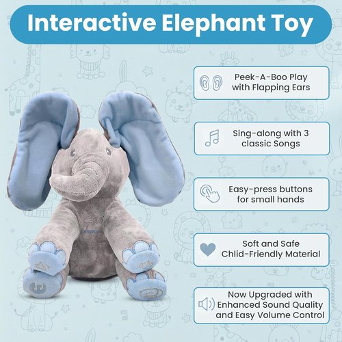 Dimple Kyle Peek-A-Boo Elephant Toy - Interactive Singing Plush with Moving Ears | Adorable Musical Stuffed Animal for Babies and Toddlers