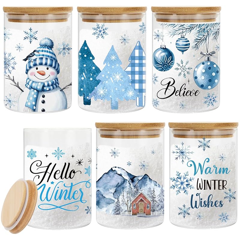 Winter Christmas Glass Storage Jars Set, 6 Pcs with Airtight Lids – Snowman & Tree Designs