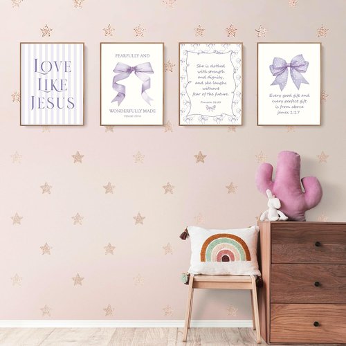 LARTSFRO Coquette Purple Bow Wall Art Decor - Inspirational Christian Posters for Teen Girls | 12x16 Inch Set of 4 Unframed
