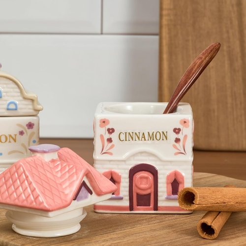 Bico Spice Cottages Ceramic Spice Jar Set - Hand-Painted, Airtight, 4 oz | Pink & White, Set of 2