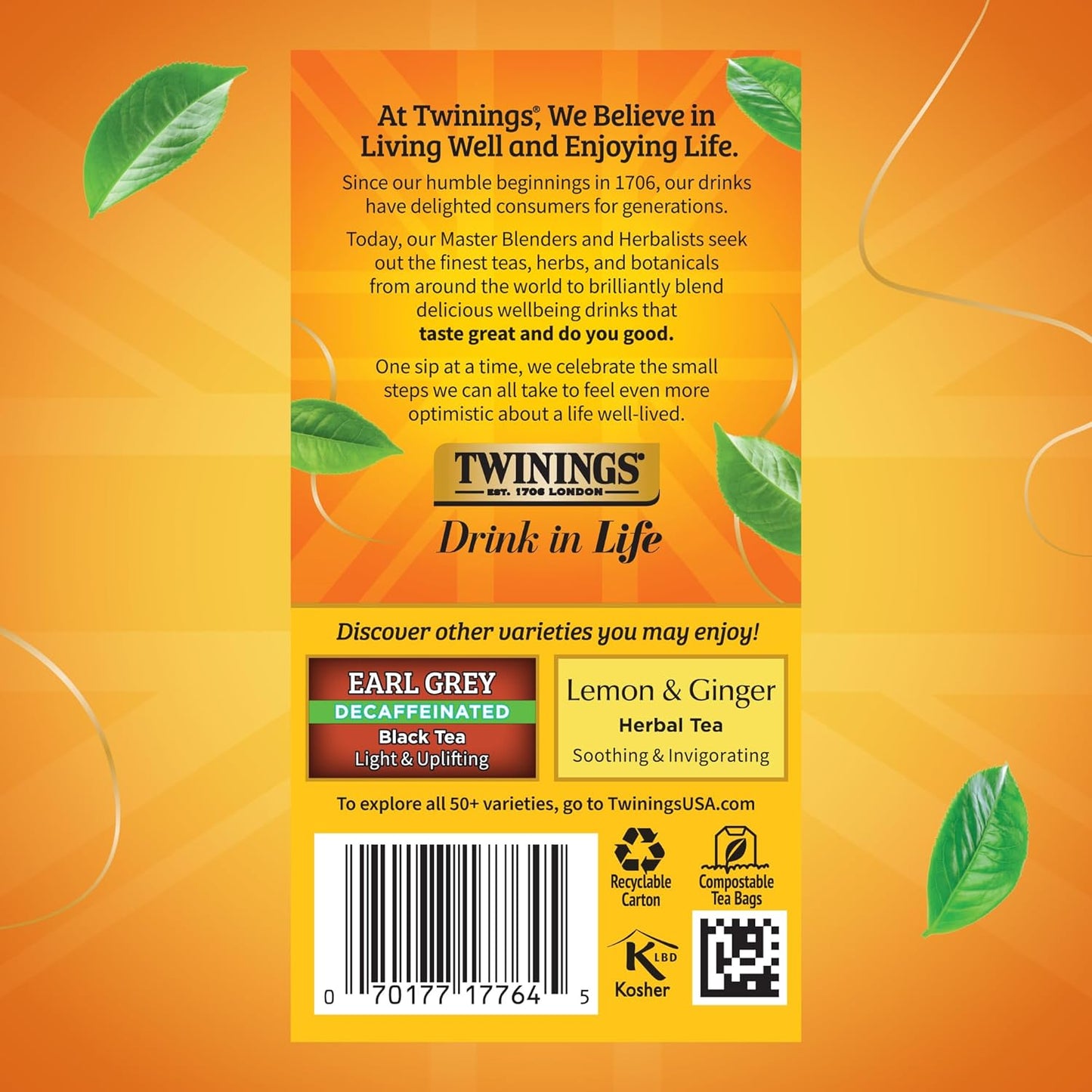 Twinings Decaffeinated Lady Grey Black Tea - Individually Wrapped 20 Count | Orange & Lemon Peel Flavor