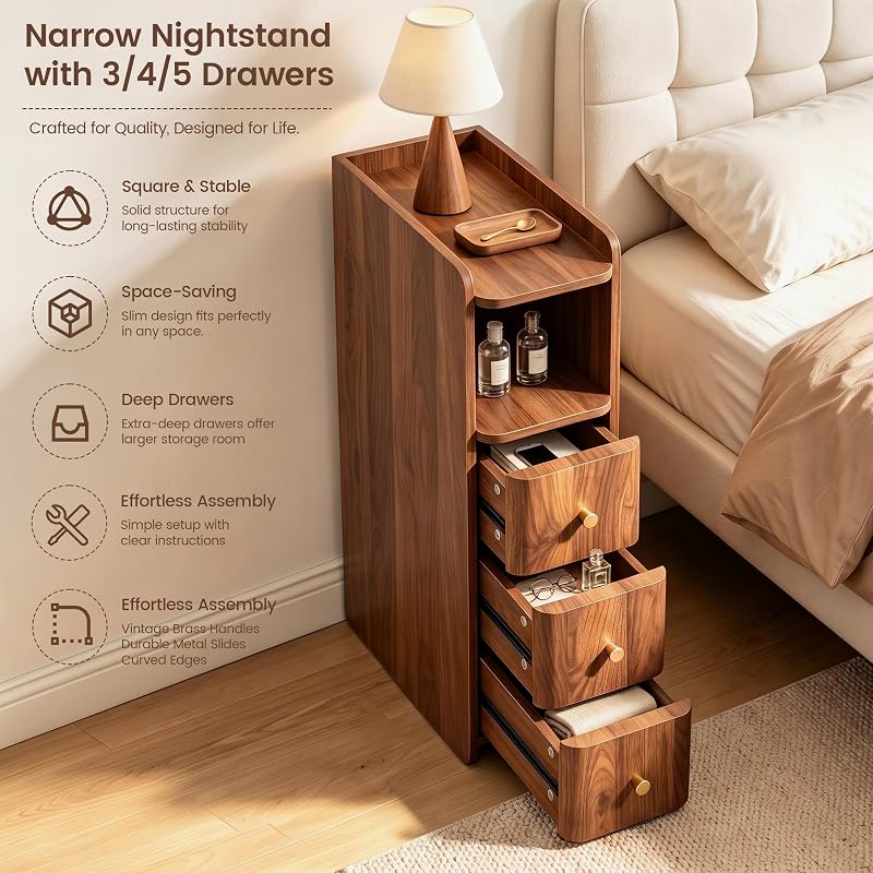 Walnut 3-Drawer Tall Nightstand - 27.56"H Narrow Bedside Storage, 7.87"W, 15.75"D