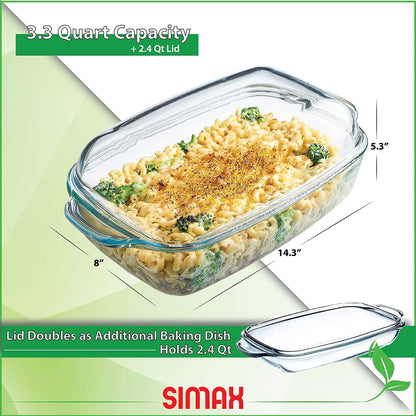 Simax Glass Casserole Dish - Clear Round Baking Dish with Lid & Handles | 3 Quart Capacity, Oven Safe