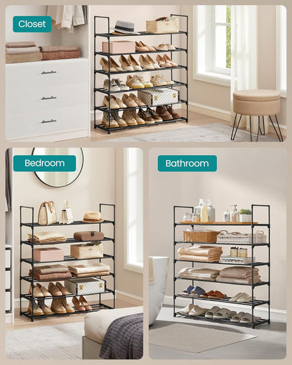 SONGMICS 6-Tier Shoe Rack - Stackable Metal Organizer for 24-30 Pairs | Black, 11.8 x 36.2 x 42.7 Inches