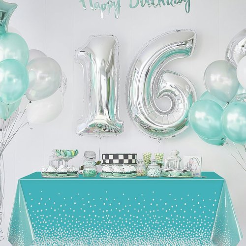 Breling Disposable Tablecloths - Teal Blue & Silver Dot Design for Parties | 54 x 108 Inch