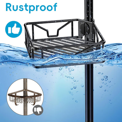 Skycarper 5-Tier Adjustable Corner Shower Caddy - Rustproof Tension Pole, 62-116 Inch, Black