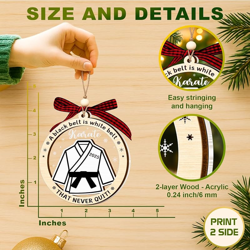 Karate Black Belt Ornament – Wooden & Acrylic 2-Layer Xmas Decoration for Karate Lovers