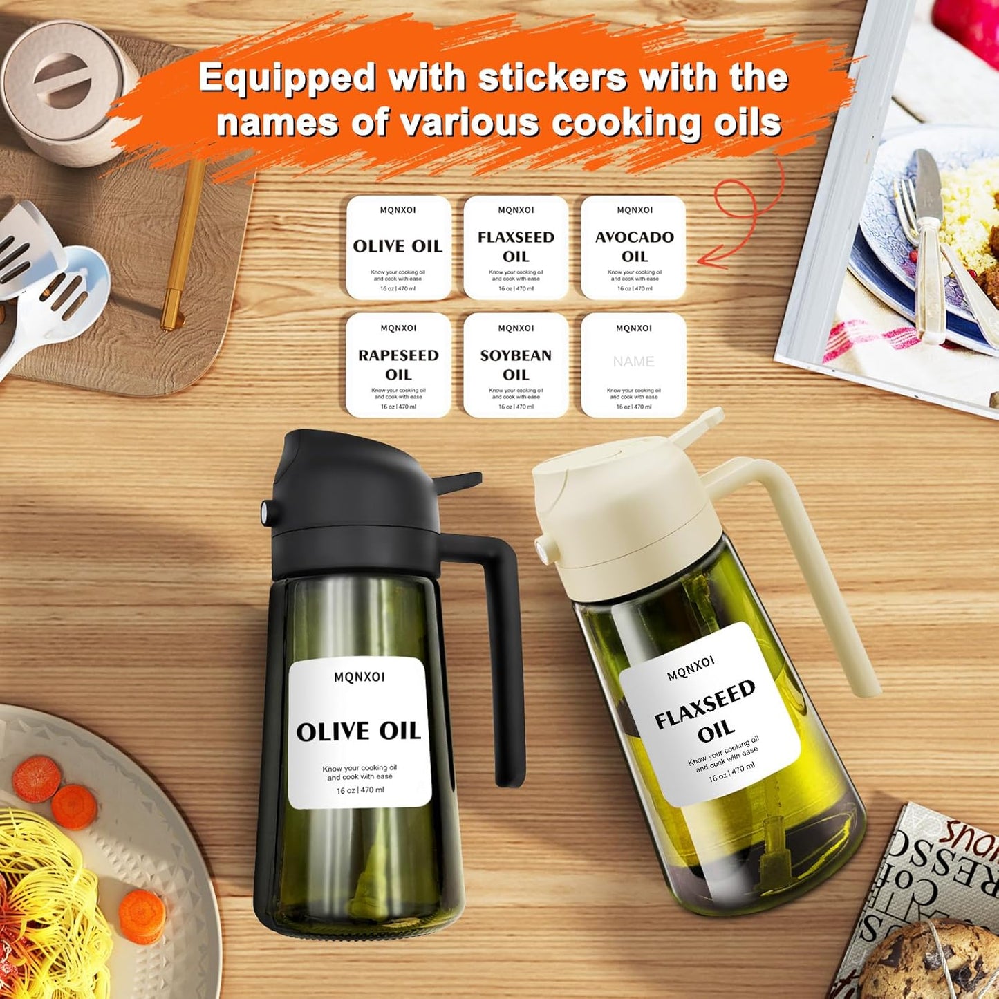 Skiennix 2-in-1 Glass Oil Sprayer & Dispenser - 16oz Olive Oil Bottle for Cooking & Air Fryer Accessories (White & Dark Green)