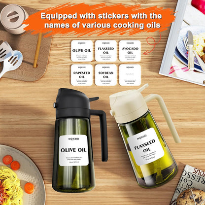 Skiennix 2-in-1 Glass Oil Sprayer & Dispenser - 16oz Olive Oil Bottle for Cooking & Air Fryer Accessories (White & Dark Green)