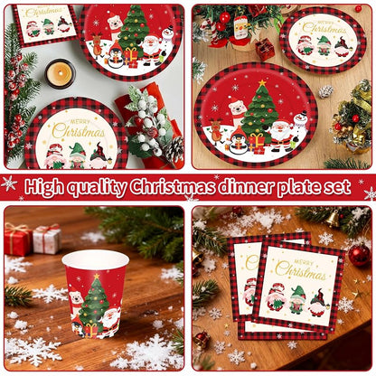 175Pcs Christmas Disposable Dinnerware Set – 25 Plates 9" & 7", Cups, Napkins & Cutlery, Red Holiday party supplies