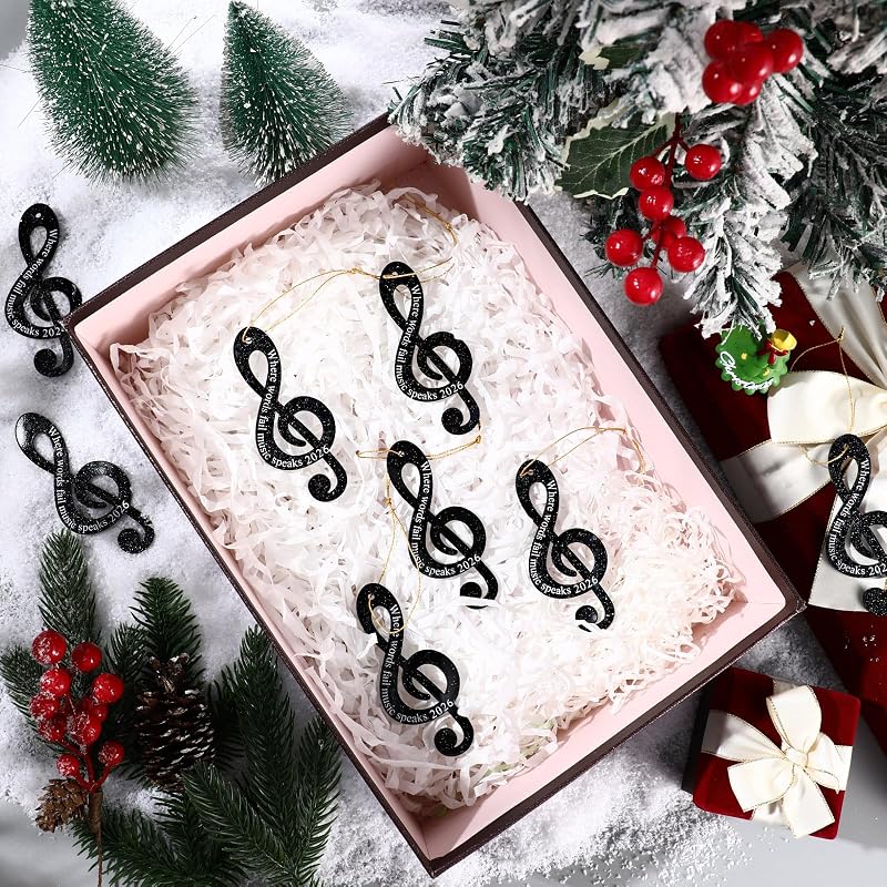 24 Pcs Treble Clef Christmas Ornaments – Black Glitter Acrylic, Includes Variation Black+24