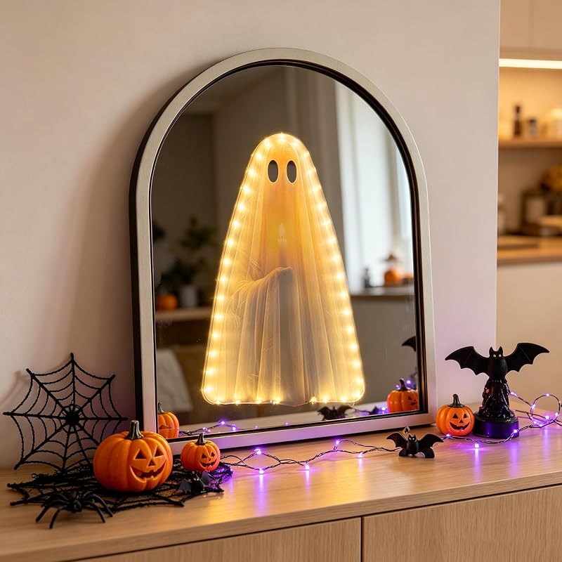 Light Up Ghost Arched Mirror - USB Powered Halloween Mantel Decor