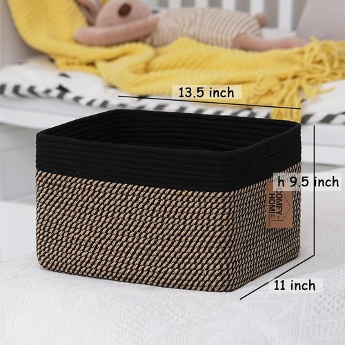 Comfy-Homi Cotton Rope Square Baskets - Versatile Storage Bins with Handles | 13.5" x 11" x 9.5" | Black/Jute