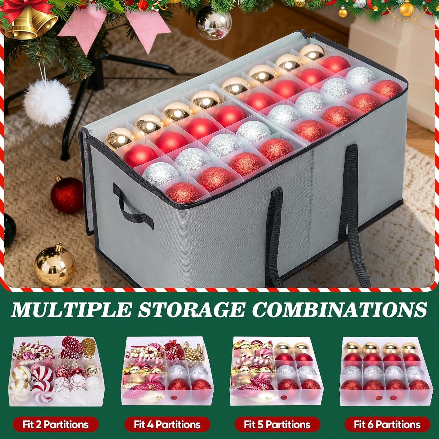 BALEINE Christmas Ornament Storage Box - Premium Holiday Container with Dividers for 128 Balls | Black Soft Design