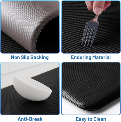 StepLively Kitchen Mats - Cushioned Anti-Fatigue Non-Slip Rugs Set | 2 PCS, 17.3"x30" & 17.3"x47", Black