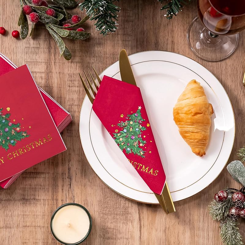 5 x 5 Inch 50-Count 3-Ply Christmas Tree Red Paper Napkins - Wrapped Pack