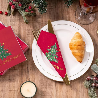 5 x 5 Inch 50-Count 3-Ply Christmas Tree Red Paper Napkins - Wrapped Pack