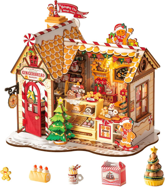 ROBOTIME Miniature House Kit - DIY Tiny Gingerbread Dollhouse for Family Gifts | Perfect for Halloween & Christmas