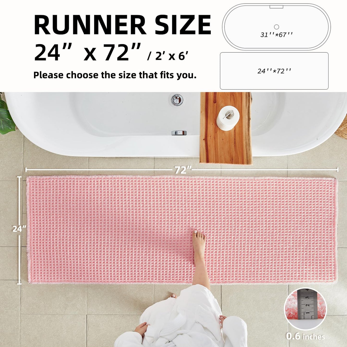 TYUU Light Peachy Pink Long Bathroom Rugs, Waffle Runner Rug Bathroom Non Slip Washable Quick Dry Cute Bath Mat Boho Farmhouse Bath Mat, 72"x24" Light Peachy Pink