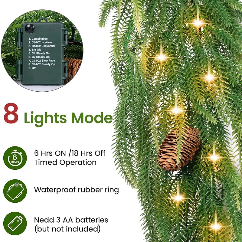 9ft Norfolk Pine Garland with Lights - 40-LED Battery Operated, 8 Modes, Pinecones, Timer - Prelit Christmas Decoration