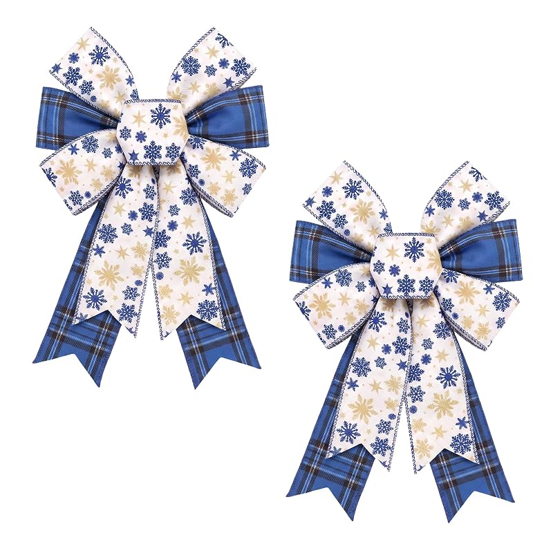 2 Pack Blue Burlap Christmas Wreath Bows - Snowflake & Plaid Decor Style1