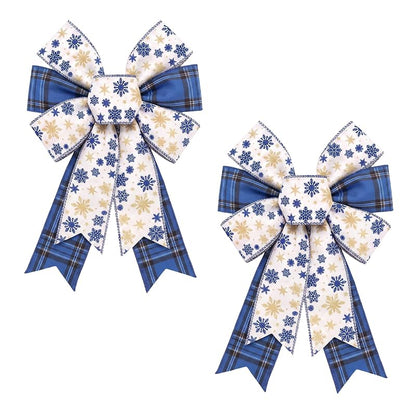2 Pack Blue Burlap Christmas Wreath Bows - Snowflake & Plaid Decor Style1