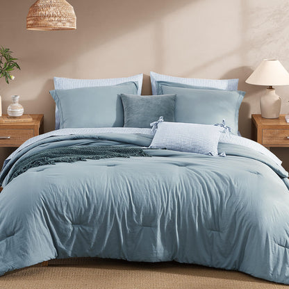 Monbix King Size Comforter Set - 7 Pieces Dusty Blue Prewashed Bed in a Bag King Bedding Sets with Comforters, All Seasons Ultra Soft Comforter Bed Set with Sheets,Pillowcases & Shams