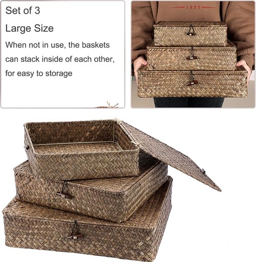 Hipiwe Wicker Storage Baskets - Set of 3 Handwoven Seagrass Bins with Lids | Large 14.8"x13" Coffee