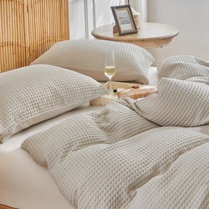 WARMDERN Waffle Weave Duvet Cover Set - Soft & Breathable Queen Size Microfiber Bedding in Khaki | 3 Pieces