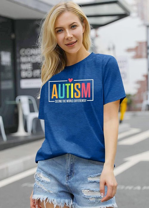 Ithalt Autism Awareness Shirt - Women's Blue T-Shirt for Autistic Moms | Puzzle Piece Design, Short Sleeve