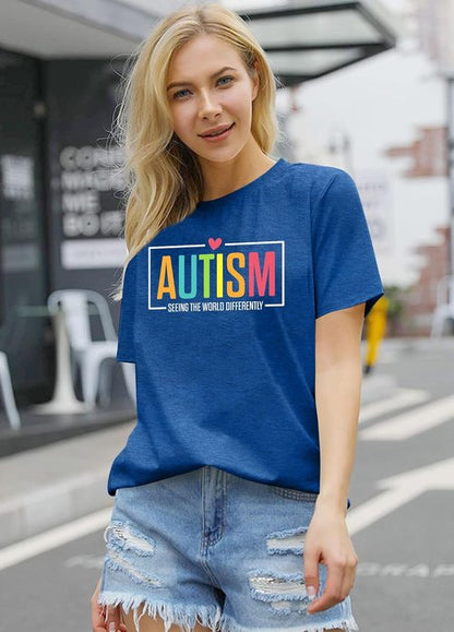 Ithalt Autism Awareness Shirt - Women's Blue T-Shirt for Autistic Moms | Puzzle Piece Design, Short Sleeve