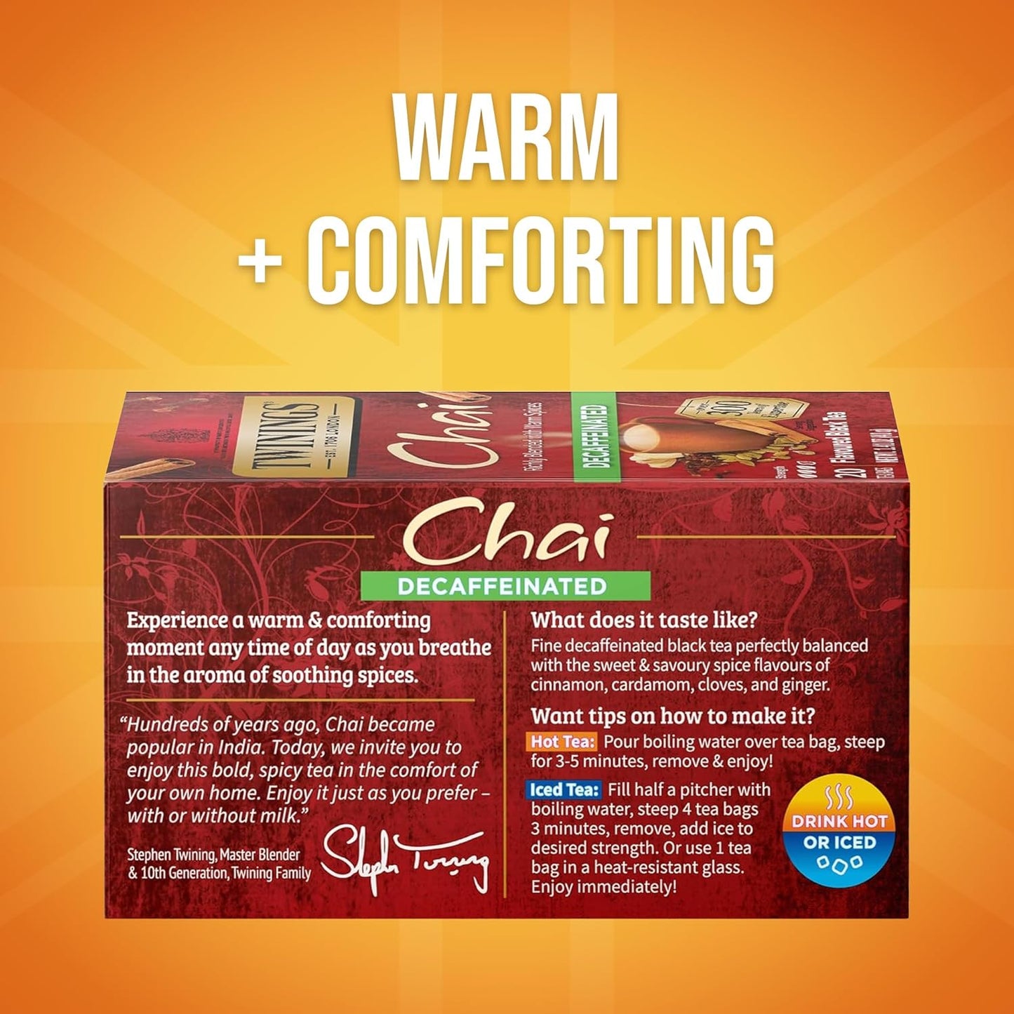 Twinings Decaffeinated Chai Tea Bags - Sweet & Savory Spices, 20 Count (Pack of 6) | Enjoy Hot or Iced