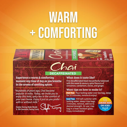 Twinings Decaffeinated Chai Tea Bags - Sweet & Savory Spices, 20 Count (Pack of 6) | Enjoy Hot or Iced