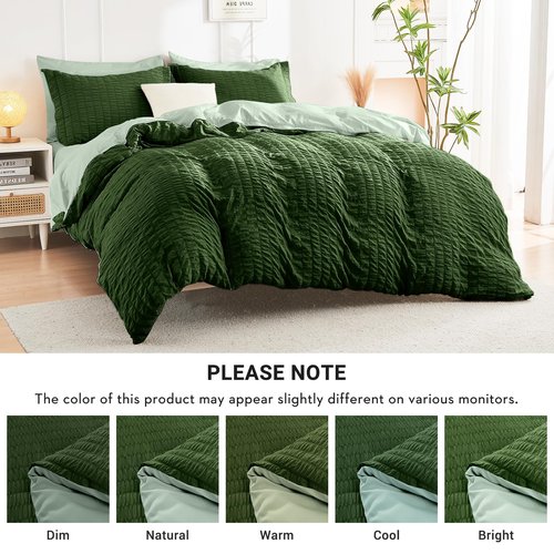 HYMOKEGE Dark Green/Sage Green Queen Comforter Set Seersucker 7 Pieces, All Season Luxury Bed in a Bag Queen for Bedroom, Bedding Set with Comforter, Sheets, Pillowcases & Shams