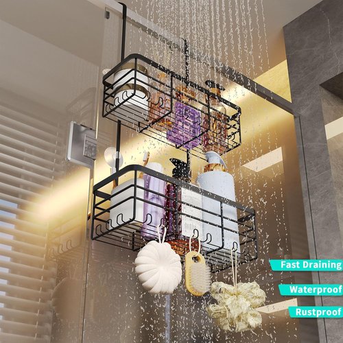 HapiRm Hanging Shower Caddy Organizer - Rustproof 304 Stainless Steel, No Drilling, Black Shelves