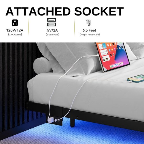 DWVO Full-Size Floating Bed Frame, Metal Platform Bed with LED Light, Charging Hub and Sturdy Steel Slats, Box Spring No Needed, Simple Setup (Black)
