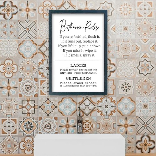 Bathroom Rules Wall Decor - Humorous 16" x 11" Restroom Sign | Modern Framed Art in Black