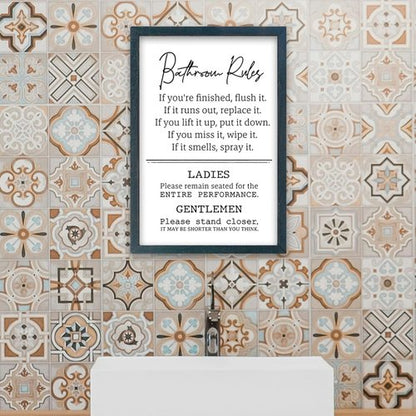 Bathroom Rules Wall Decor - Humorous 16" x 11" Restroom Sign | Modern Framed Art in Black