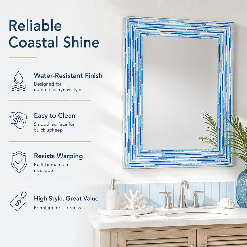 Head West Blues2 24 x 30 Frameless Mosaic Vanity Mirror - Reeded Tile-Print Rectangle Wall Mirror