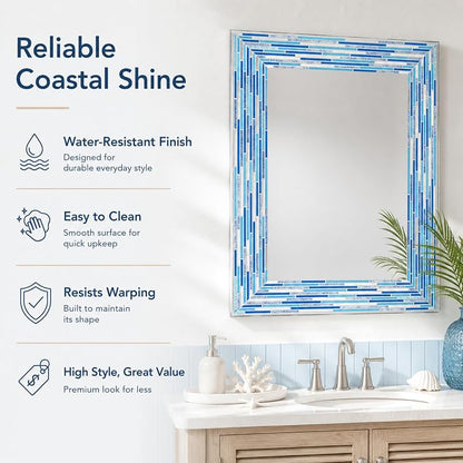 Head West Blues2 24 x 30 Frameless Mosaic Vanity Mirror - Reeded Tile-Print Rectangle Wall Mirror