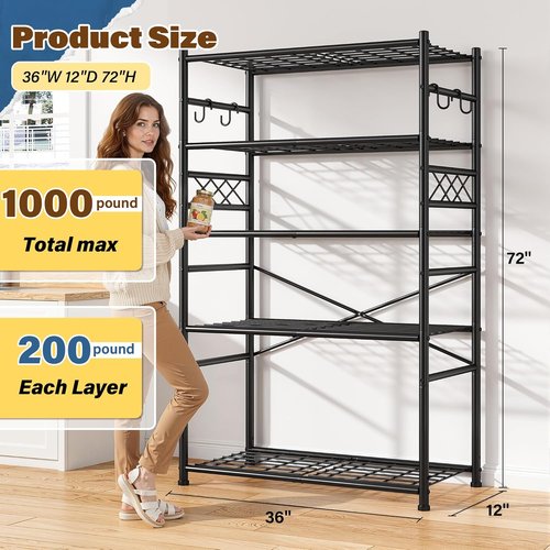 Heavy Duty 5-Tier Wire Shelving Unit - Large Capacity Metal Storage Shelves for Garage, Pantry & Closet | 72" H x 36" W x 12" D, Black