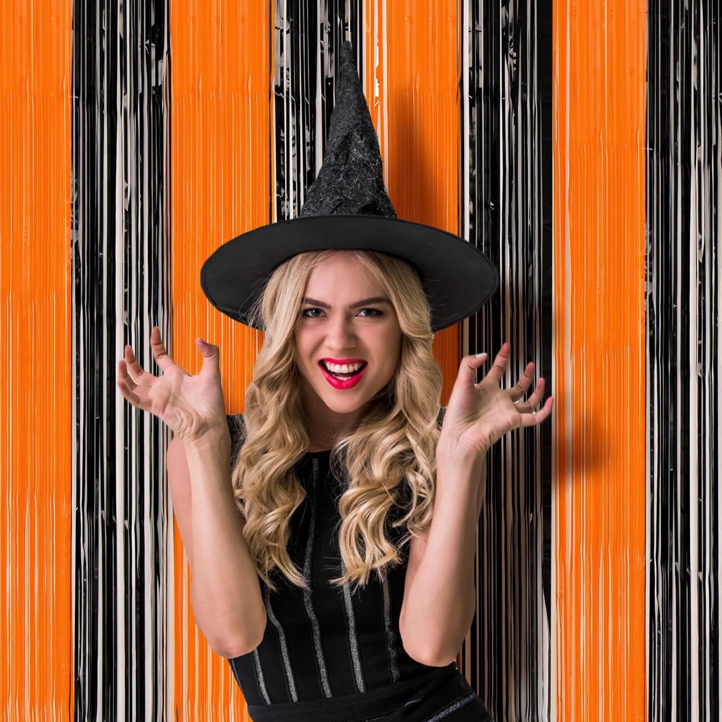 Voircoloria 3 Pack Black & Orange Foil Fringe Backdrop Curtains - Tinsel Streamers for Parties & Events