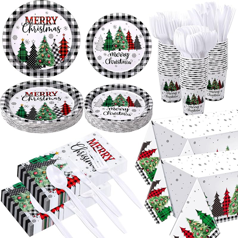 Buffalo Plaid Christmas Party Supplies Set - 352 Pcs Disposable Tableware